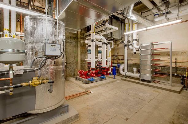 Plant-room piping and heat-exchange skid